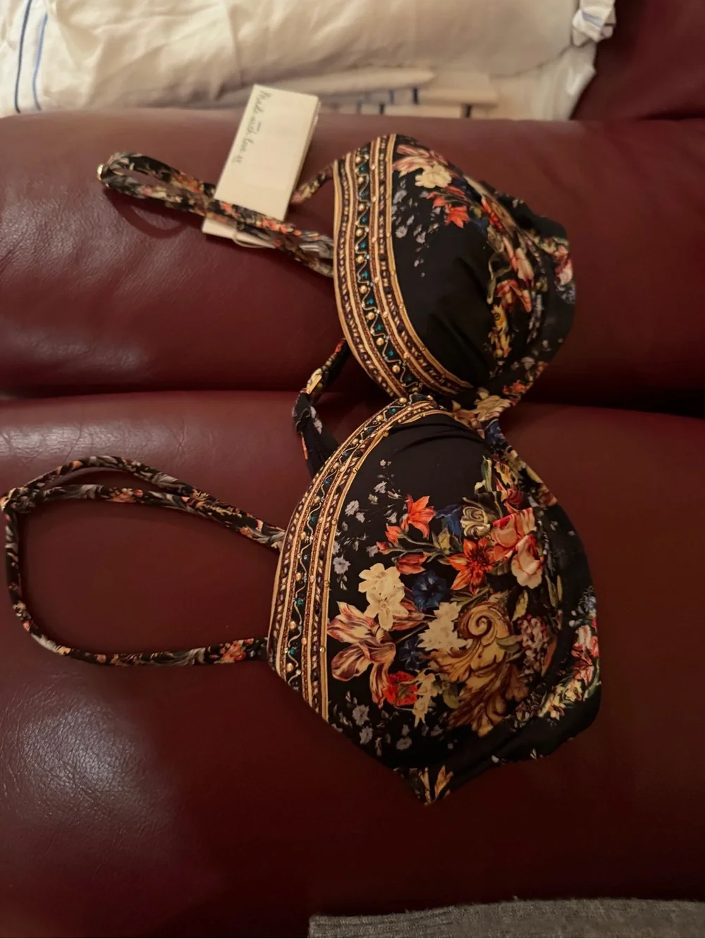 Camilla Floral Print Push-Up Bikini Top in Black with Multicolor Blooms - Picture 3 of 6